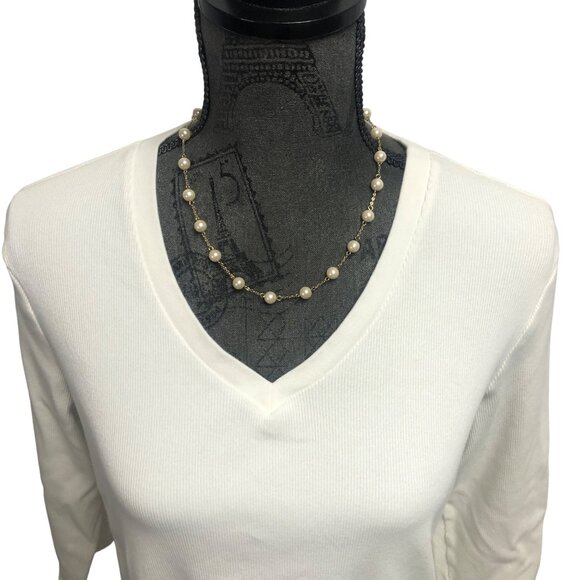 Lands End Ribbed Top Womens Size Large 14-16 White V Neck Shirt Casual Layering - Picture 2 of 7